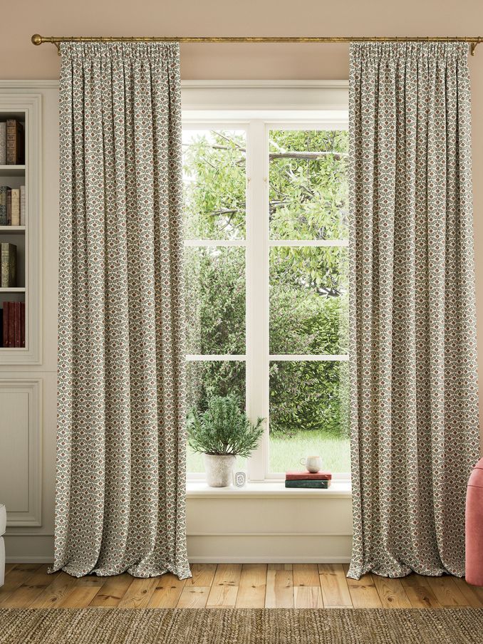 Floral Foulard Set of 2 Green & Cream Pencil Pleat Curtains (B65905) | £95 - £150