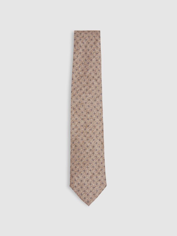 Silk Geometric Print Tie in Oatmeal (B66212) | £18