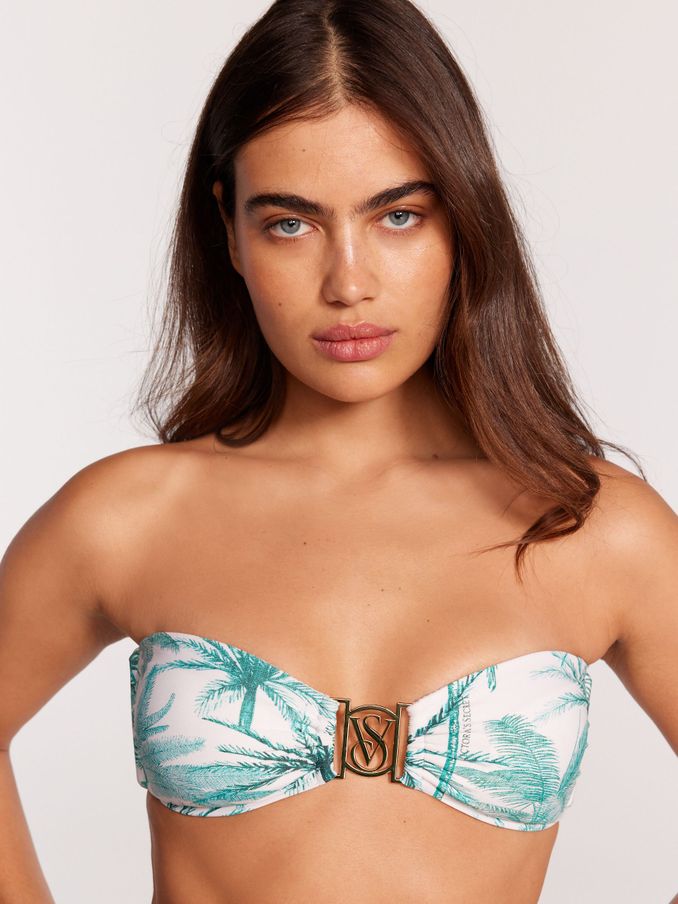 White Tropical Palm Logo Hardware Bandeau Bikini Top (B66479) | £19