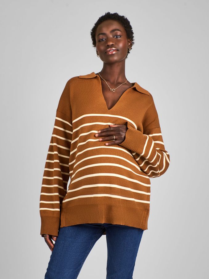 Toffee Brown & Cream Stripe Collared Maternity & Nursing Jumper (B66508) | £19