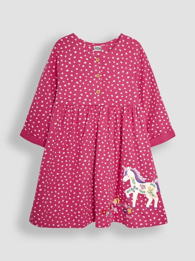 Fuchsia Pink Unicorn Appliqué Button Front Dress (B68510) | £11