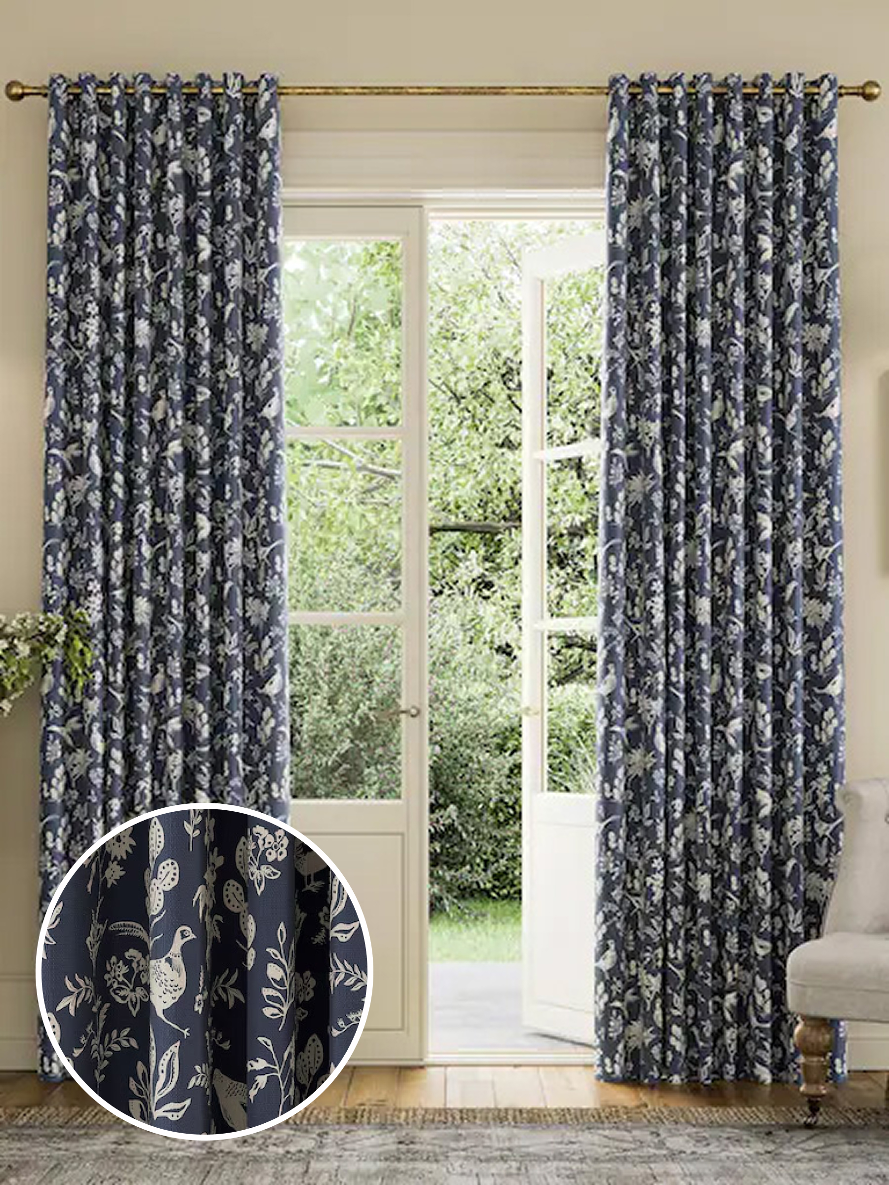 Navy Festival Pheasants Blackout Eyelet Curtains (B69159) | £70 - £130