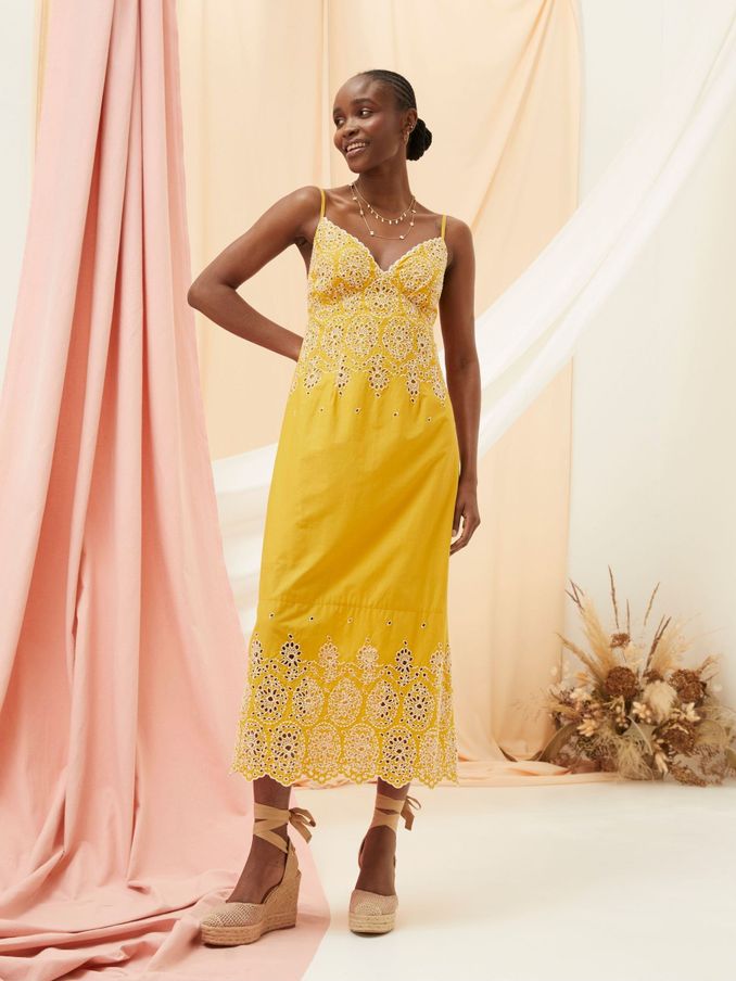 Daisy Yellow Broderie Midi Dress (B69380) | £55