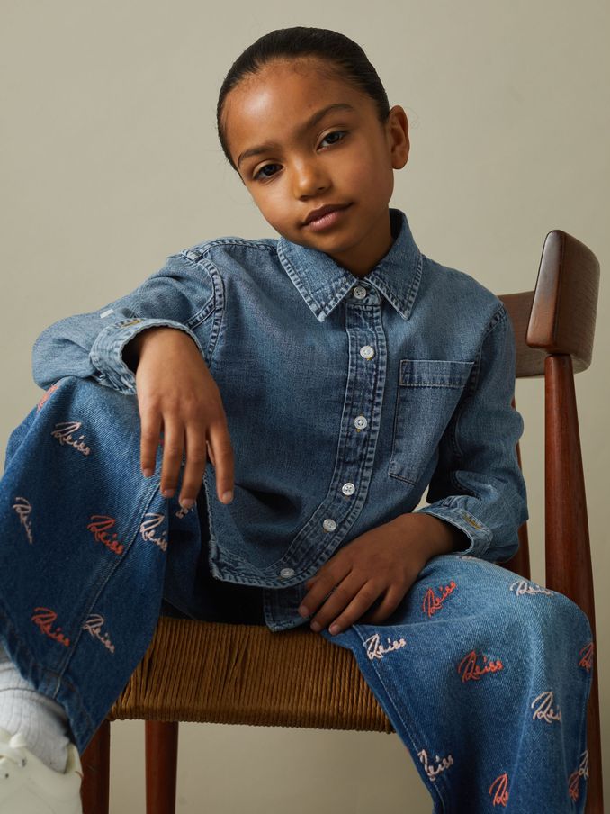 9-13 yrs Denim Button-Through Shirt in Blue (B70077) | £20