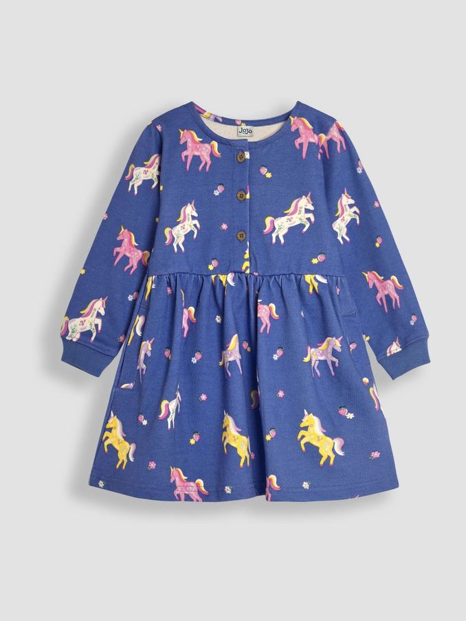 Cornflower Blue Unicorn Button Sweat Dress (B70266) | £25