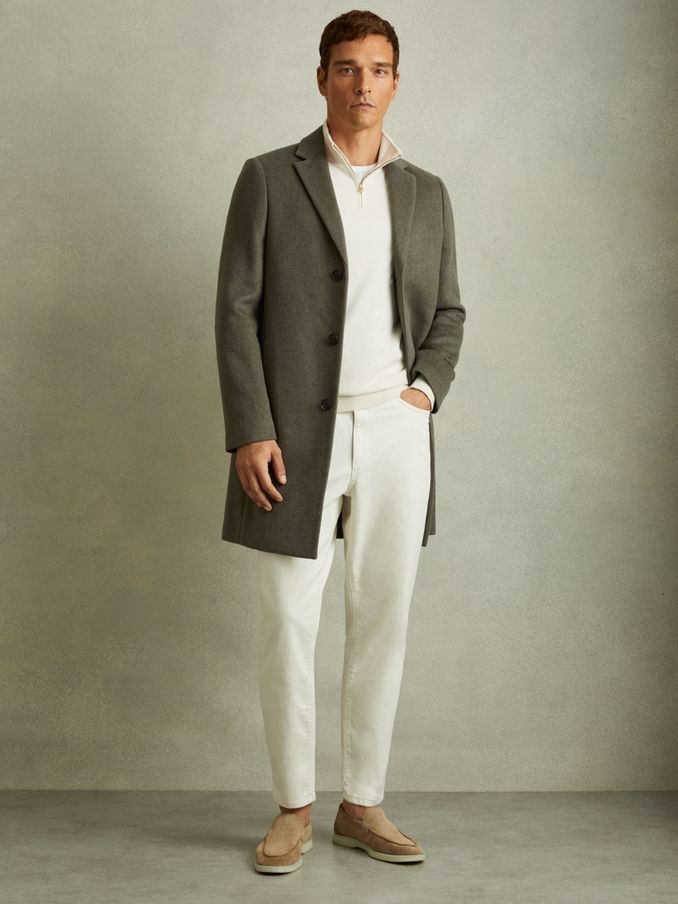 Wool Blend Single Breasted Epsom Overcoat in Green Smoke (B70272) | £197
