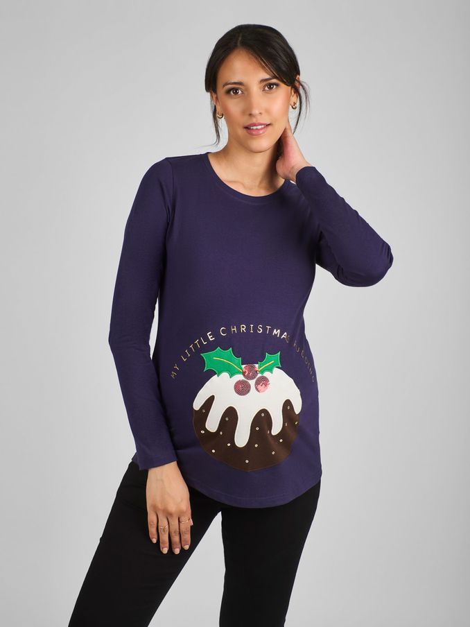 Navy Blue Christmas Pudding Cotton Maternity Top (B70376) | £29.50