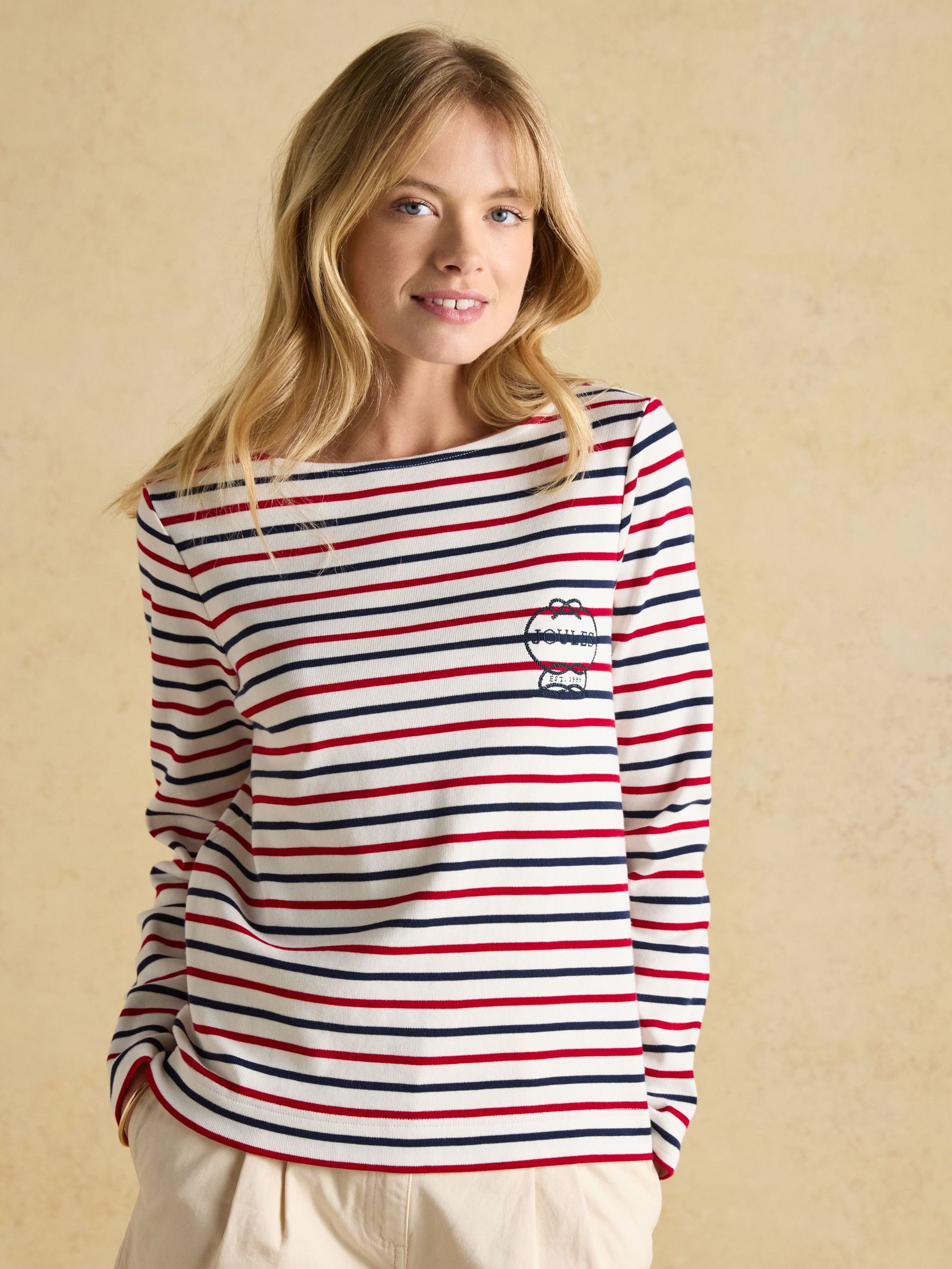 Harbour Red, White & Blue Stripe Embroidered Boat Neck Breton Top