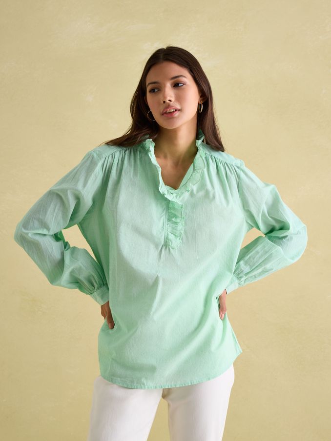 Melanie Green/White Cotton Ruffle Blouse (B70869) | £24
