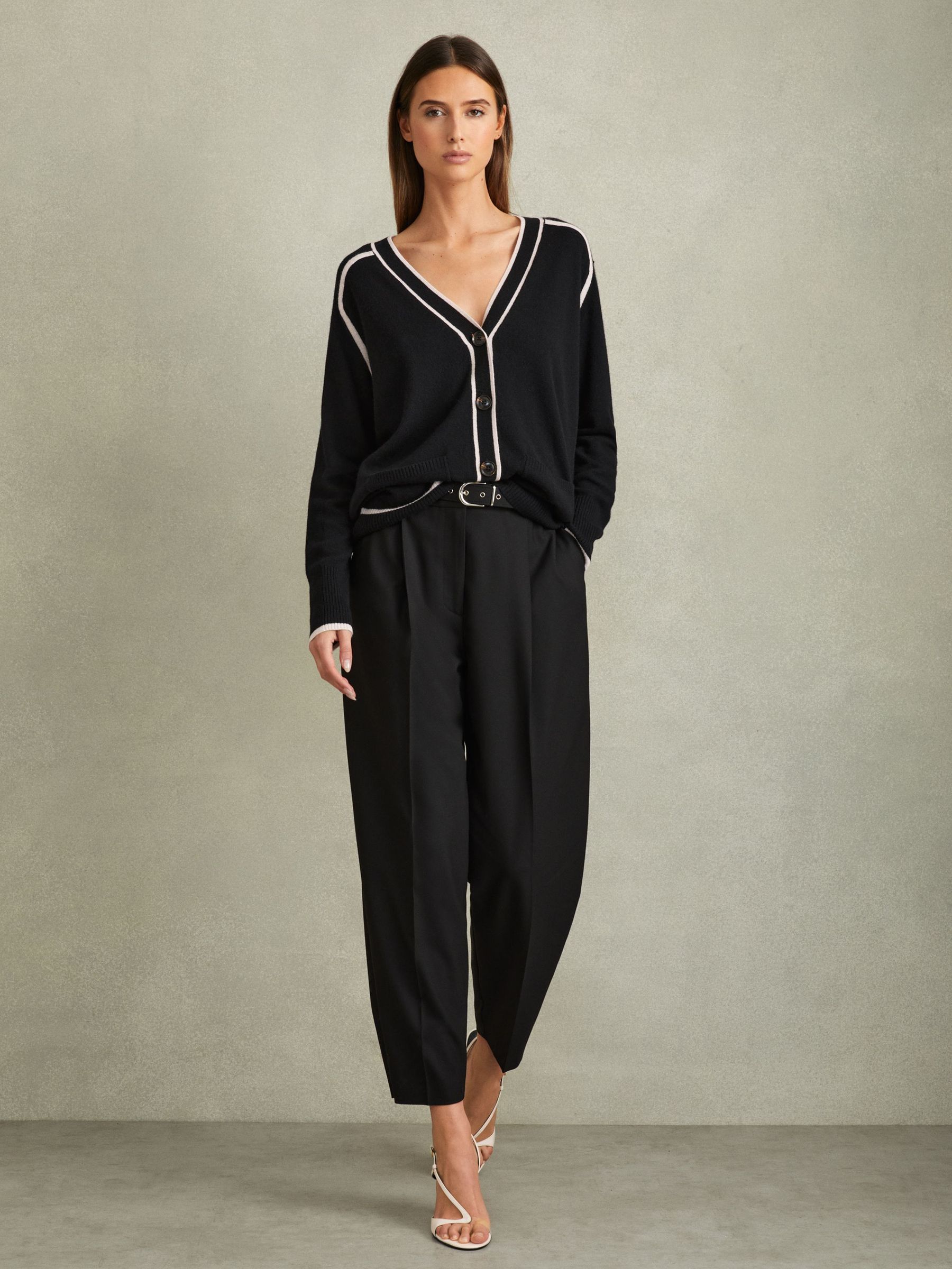 Wool Blend Contrast Tipped Cardigan with Cashmere in Black/Stone (B74461) | £58