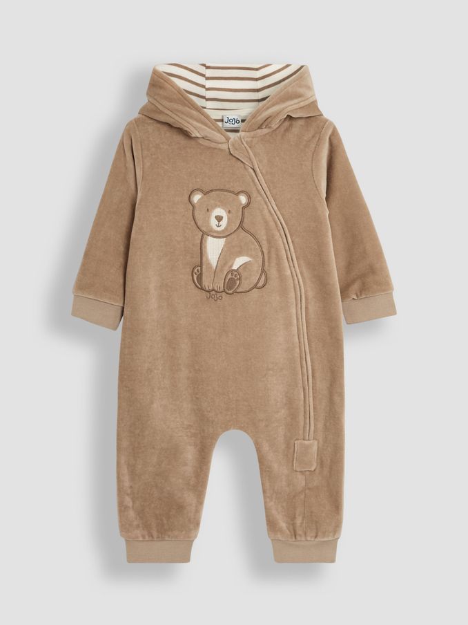 Mocha Brown Bear Appliqué Zip Up Hooded Romper (B75256) | £11
