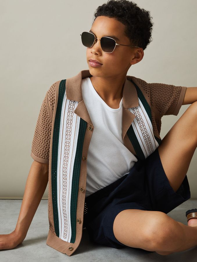 3-9 yrs Embroidered Cuban Collar Shirt in Camel/Green (B75329) | £20