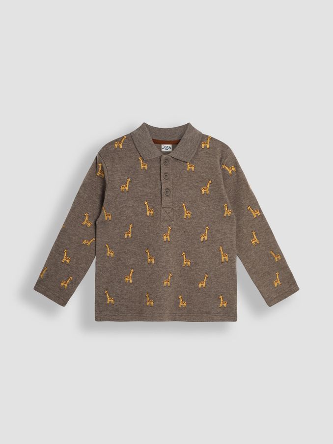 Mocha Brown Giraffe Long Sleeve Embroidered Polo Shirt (B75464) | £7