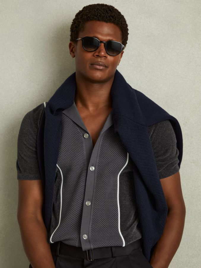 Hybrid Velour Cuban Collar Shirt in Steel Blue (B75475) | £26