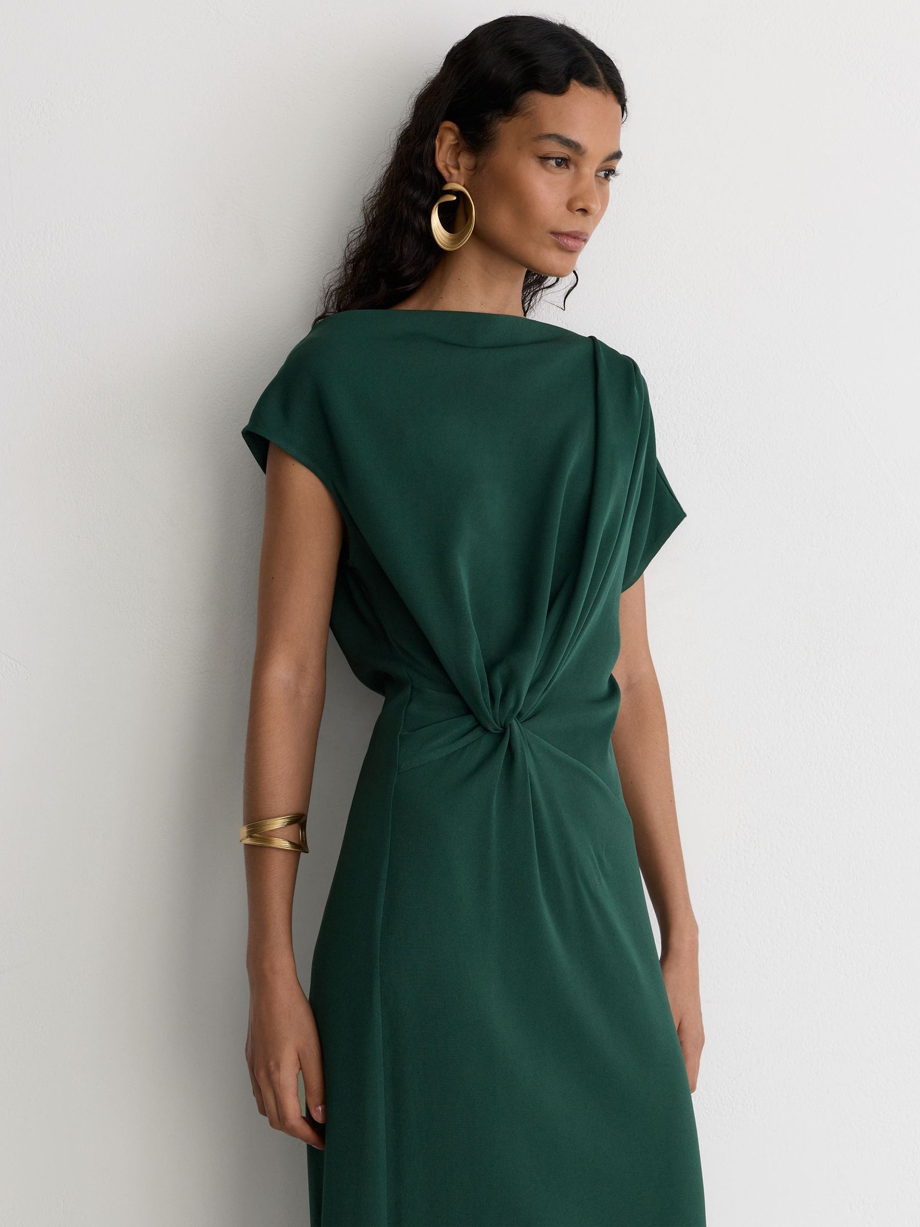 Teal Green - Off-shoulder Tuck-detail Midi Dress