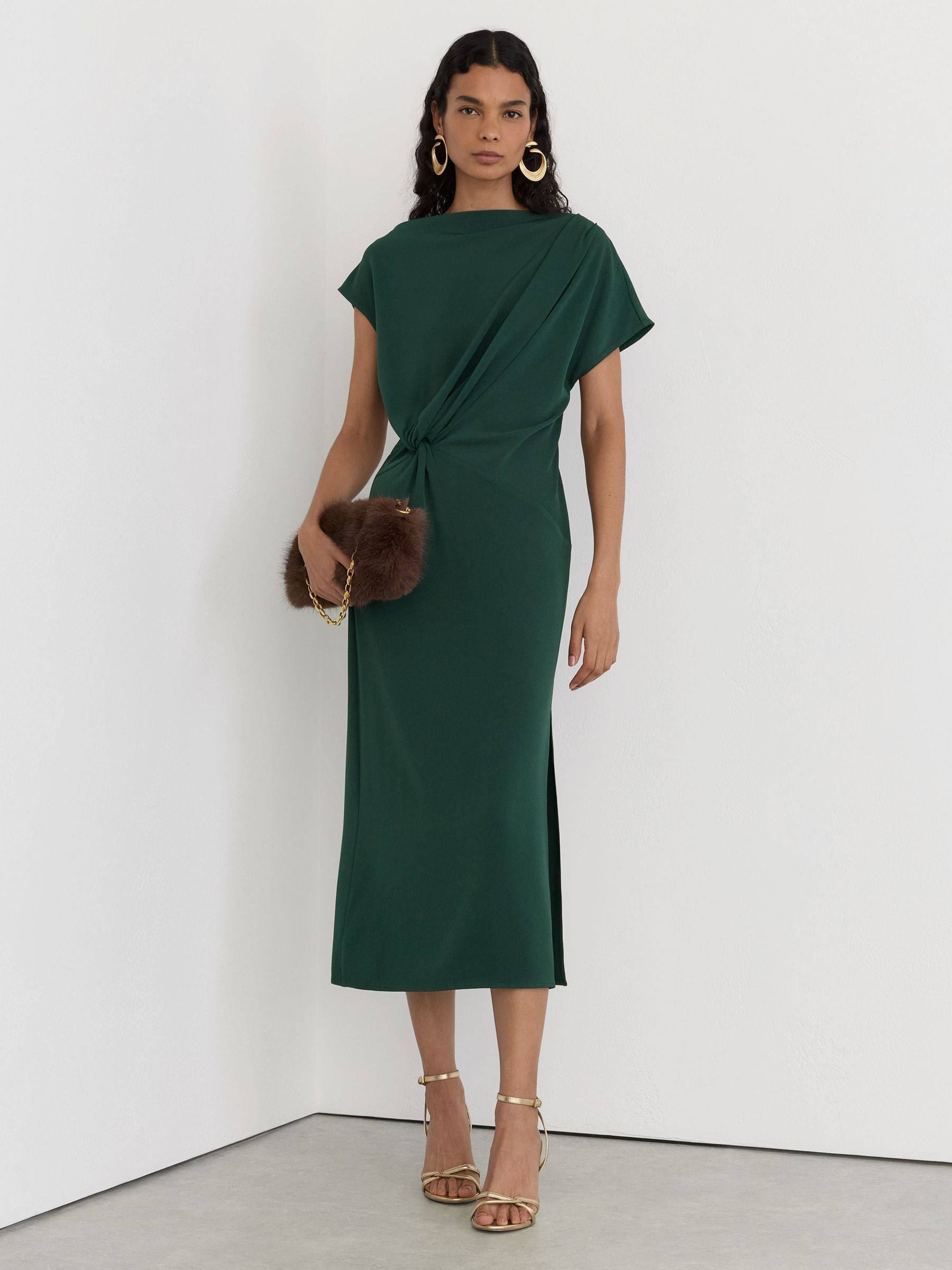 Teal Green - Off-shoulder Tuck-detail Midi Dress