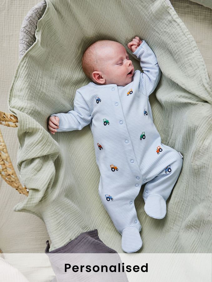 Blue Tractor Baby Personalised Embroidered Cotton Sleepsuit (B77015) | £27