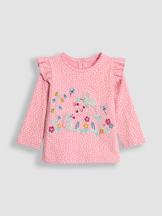 Pink Bunny & Mouse Frill Long Sleeve Appliqué Top (B77091) | £8