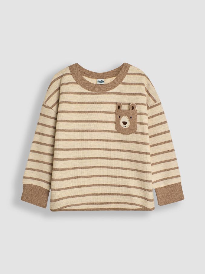 Natural Stripe Bear Appliqué Pocket Top (B77331) | £8