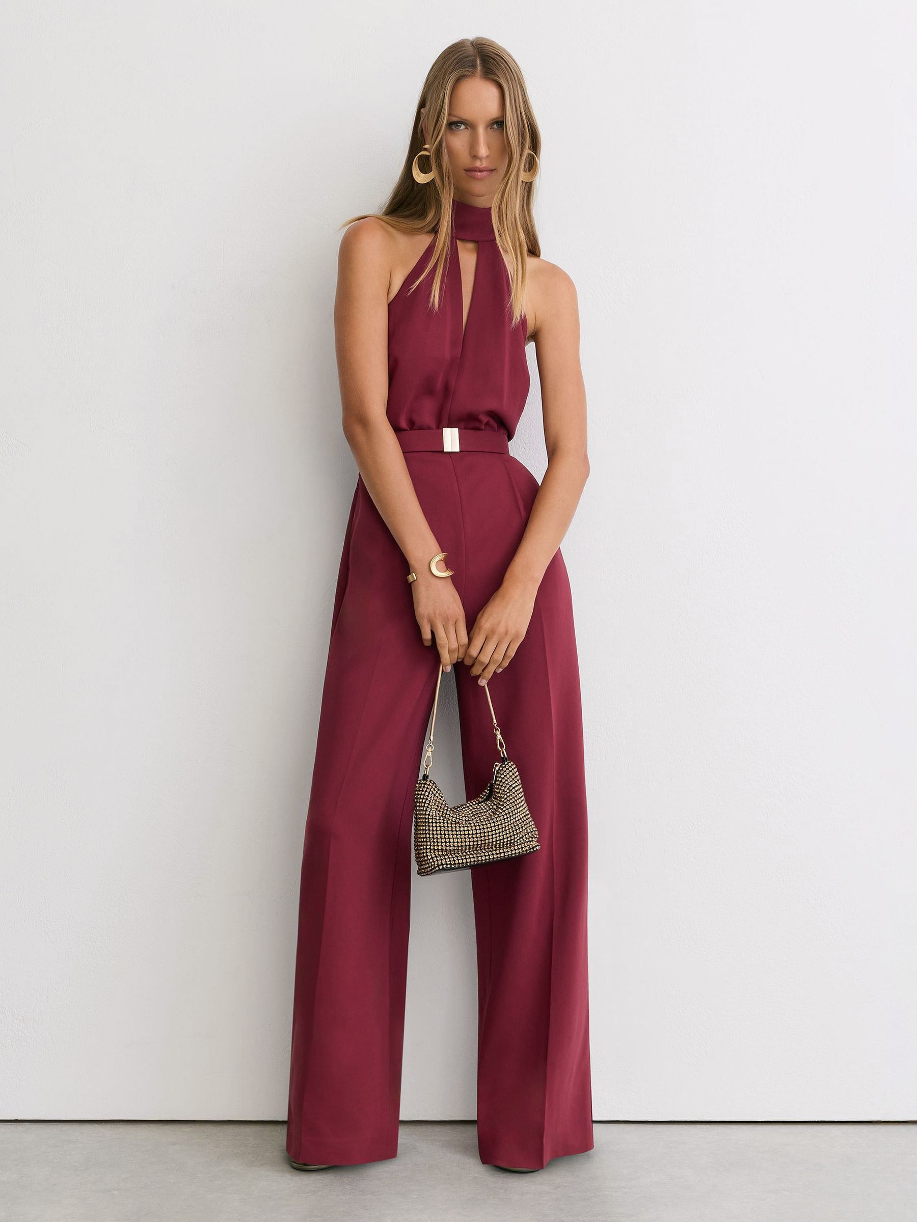 Red - Halterneck Belted Wide-leg Jumpsuit