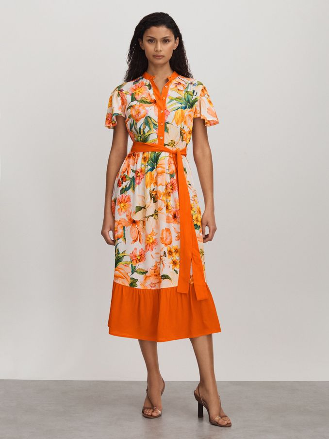 Raishma Silk Floaty Sleeve Midi Dress in Orange (B77828) | £198