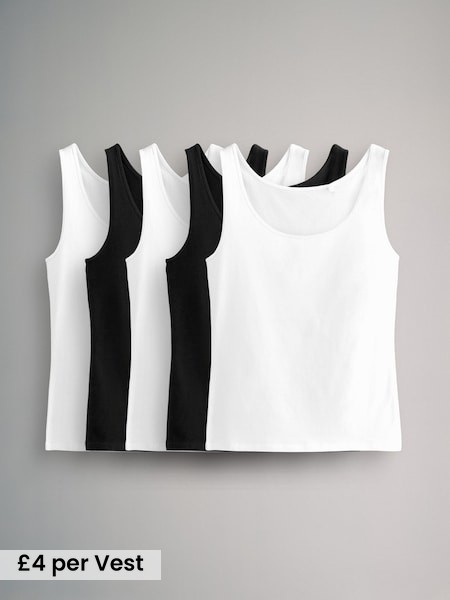 White/Black - 5 Pack Scoop Neck Vests (B78074) | £20