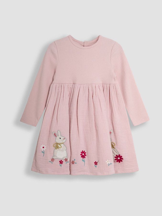 Pink Bunny Applique Rib Cheesecloth Dress (B78951) | £15