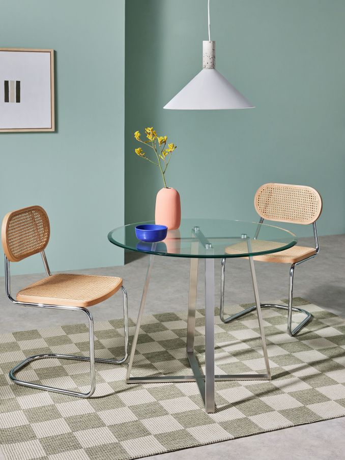 Haku 2 Seater Round Dining Table in Stainless Steel Clear Glass (B79986) | £349