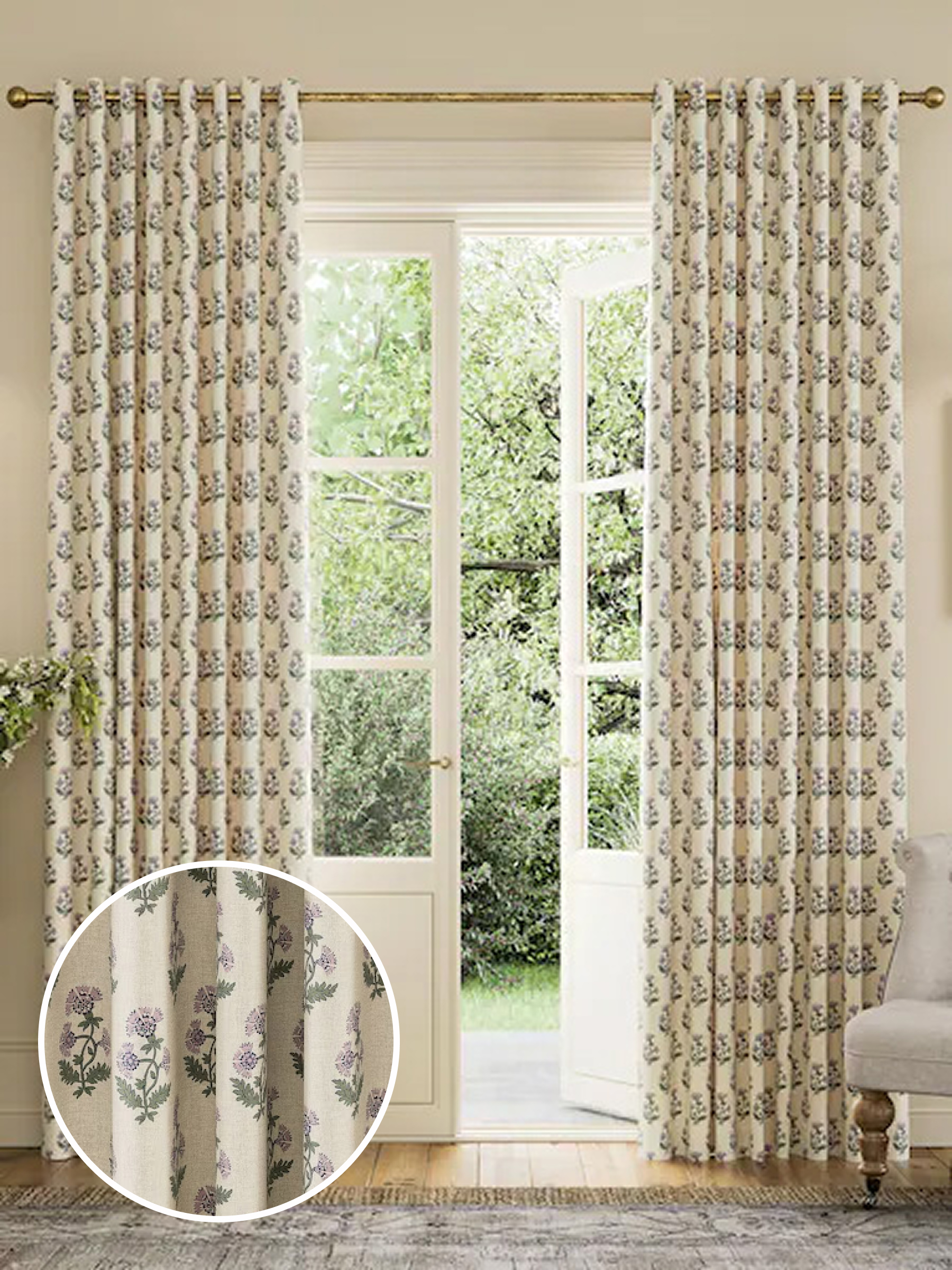 Oat/Lilac Chamomile Blackout Eyelet Curtains (B80093) | £70 - £130