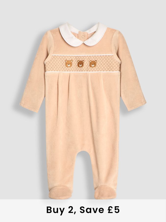 Grey Bear Smocked Velour All-In-One (B82341) | £23