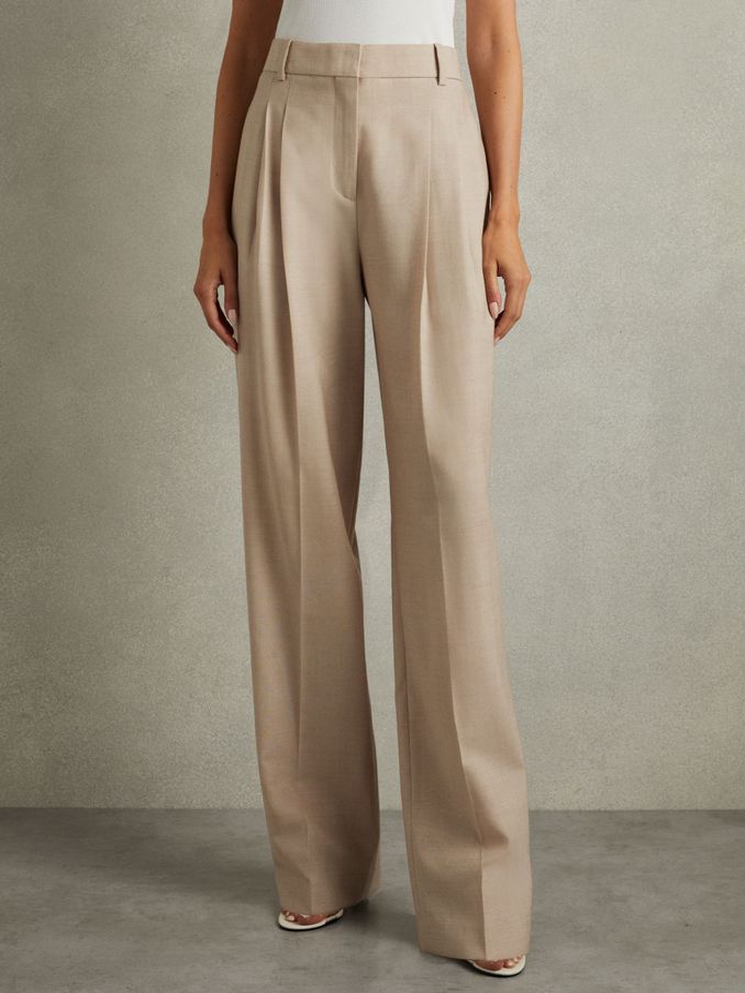 Petite Wool Pleat Front Wide Leg Suit Trousers in Neutral (B82839) | £58