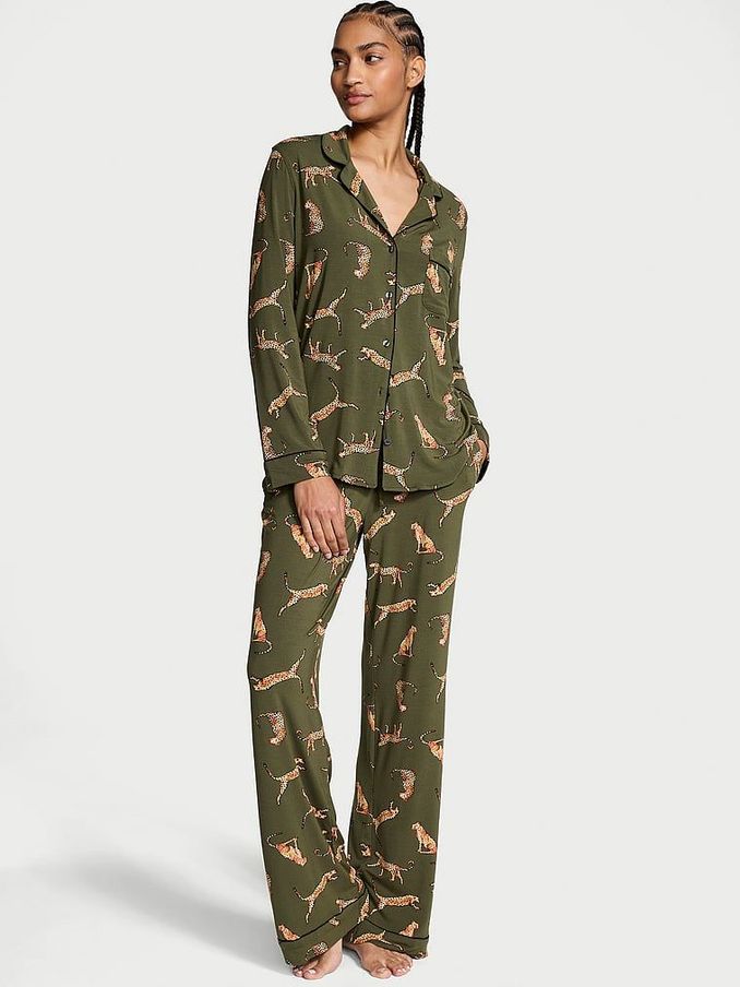 Olive Green Leopard Modal Long Pyjama Set (B83347) | £29