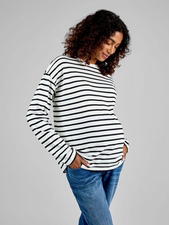 Black & Cream Stripe Long Sleeve Boyfriend Maternity T-Shirt (B83555) | £19.50