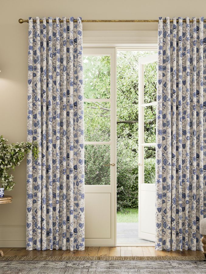 Indienne Floral Set of 2 Blue Blackout Eyelet Curtains (B84815) | £105 - £190