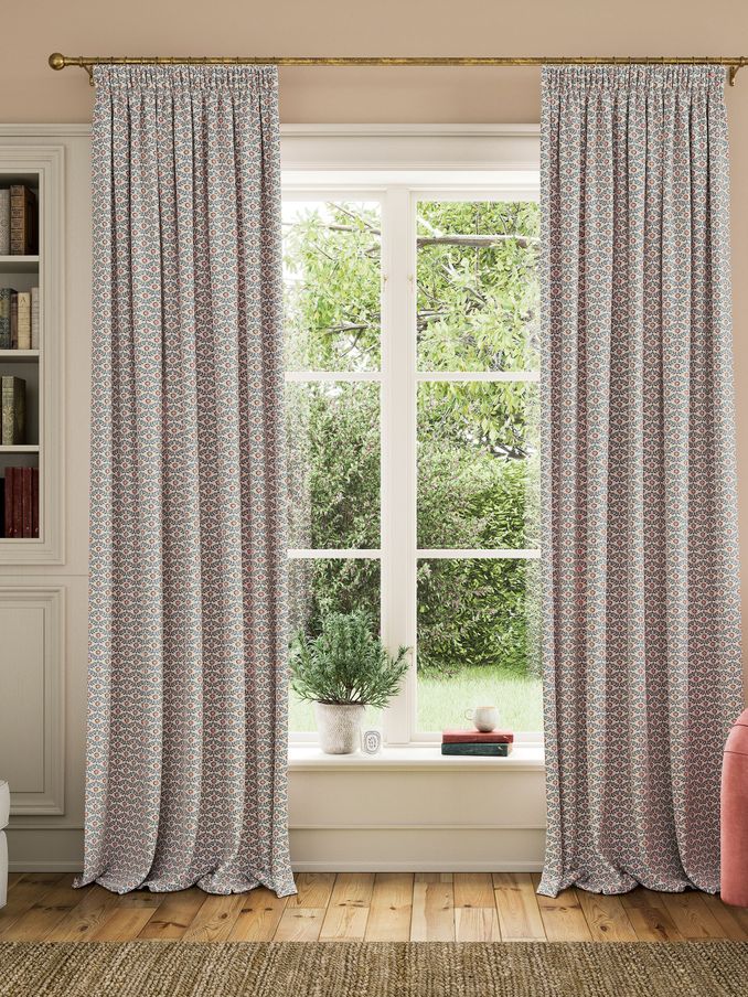 Floral Foulard Set of 2 Blue & Cream Pencil Pleat Curtains (B86582) | £95 - £150