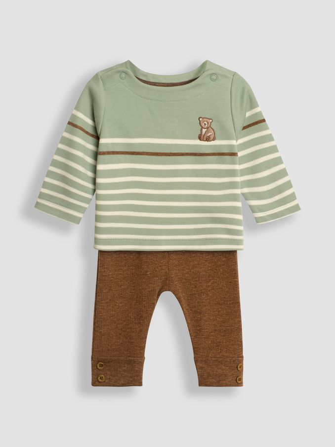 Green Bear Embroidered Breton Top And Rib Leggings Set (B87555) | £27