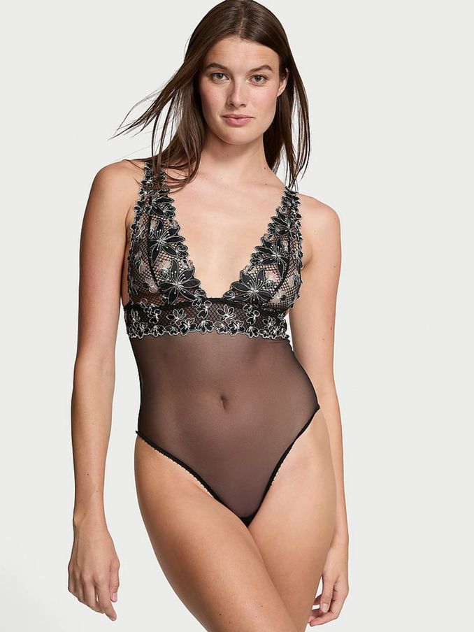 Black Ziggy Glam Embroidery Plunge Bodysuit (B87589) | £34
