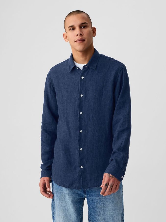 Blue 100% Linen Long Sleeve Shirt (B87630) | £30