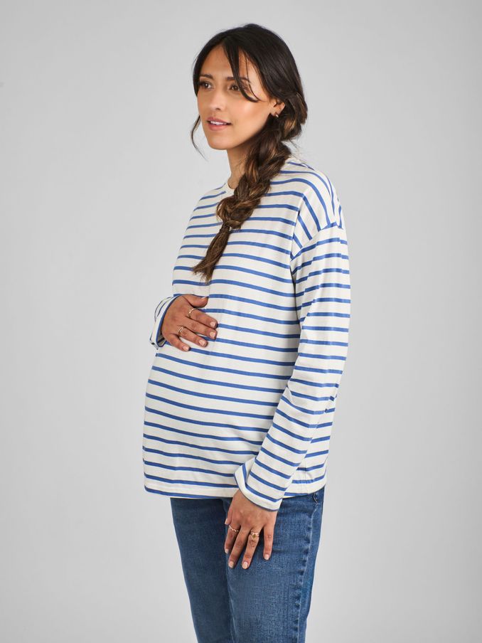 Blue & Cream Stripe Long Sleeve Boyfriend Maternity T-Shirt (B87742) | £19.50