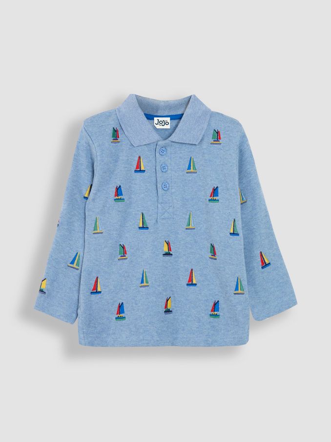 Blue Sailboat Long Sleeve Embroidered Polo Shirt (B87896) | £9