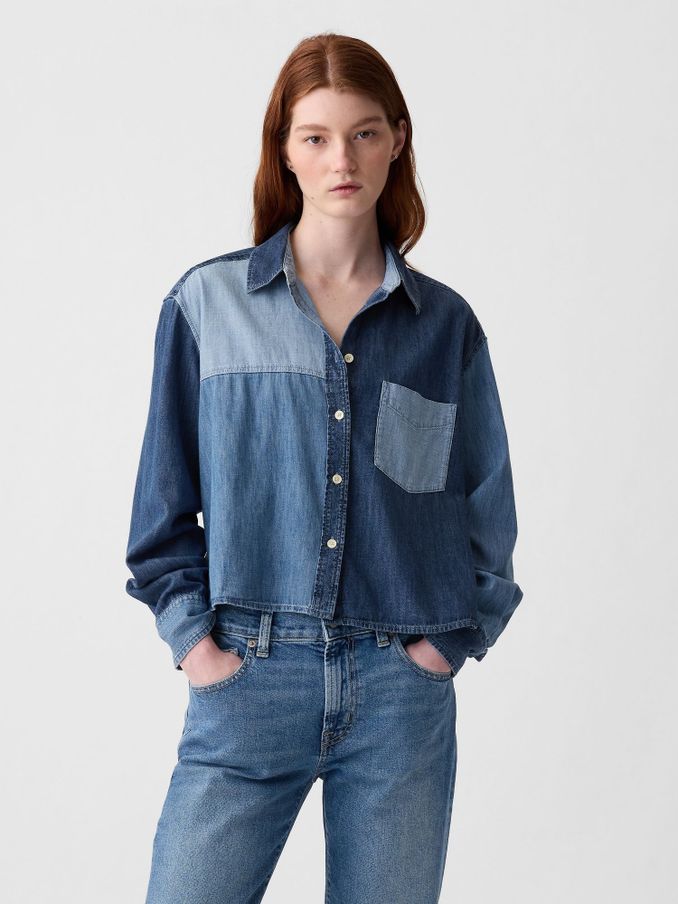 Blue Cropped Patchwork Denim Shirt (B88451) | £45