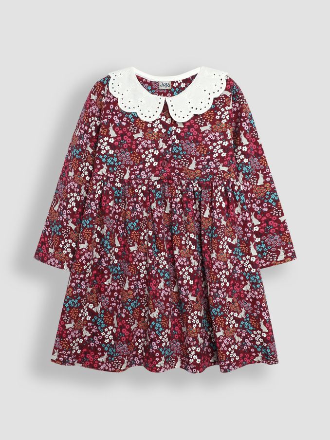 Berry Pink Bunny Meadow Floral Broderie Collar Dress (B88598) | £17