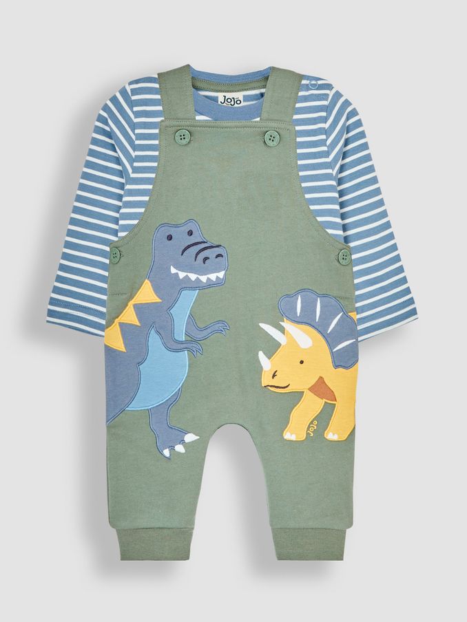 Khaki Green Dinosaur Appliqué Dungarees & Top Set (B88605) | £20