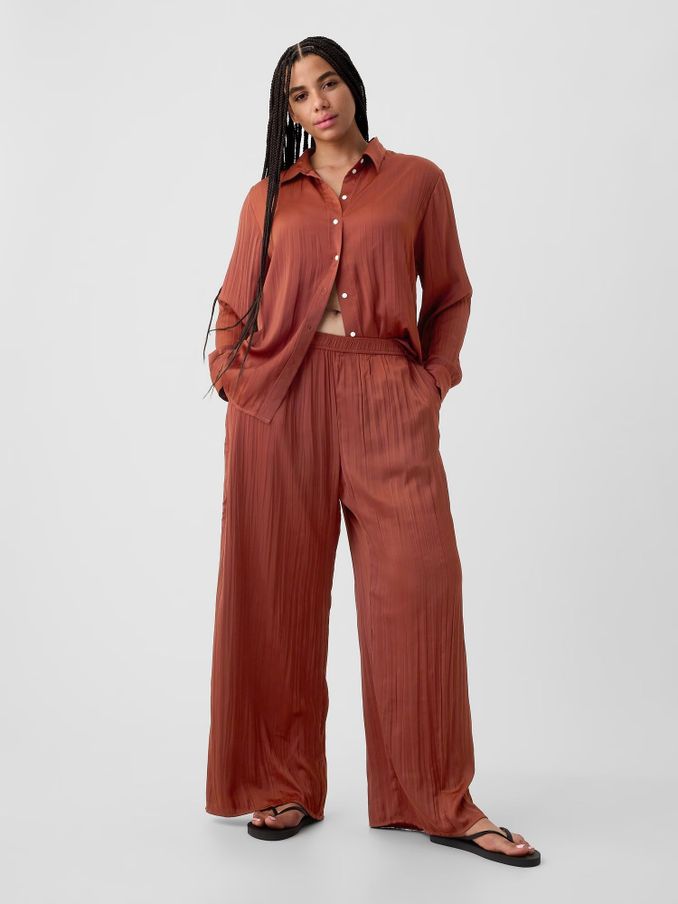 Brown Crinkle Texture Satin Trousers (B88804) | £22