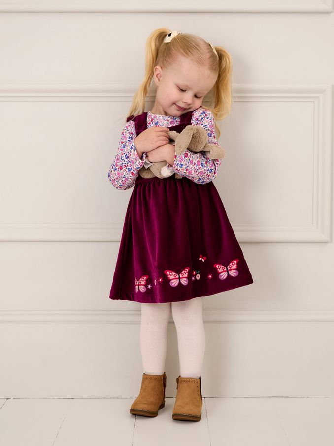 Plum Purple Butterfly Velour Appliqué Velour Pinafore Dress And Top Set (B89942) | £18