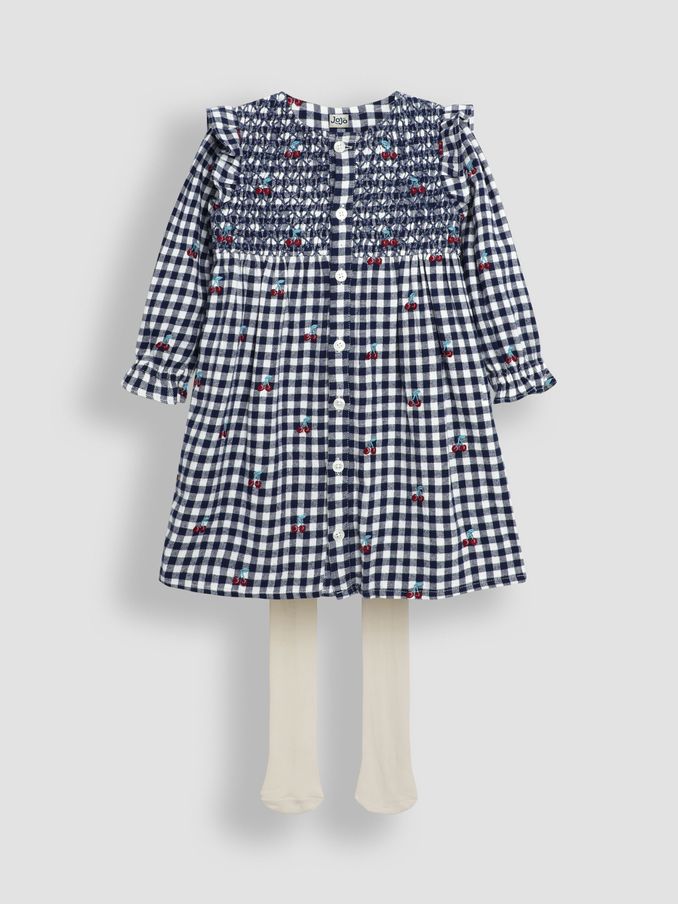 Navy Blue Cherry Embroidered Frill Shoulder Smocked Dress & Tights Set (B90523) | £14