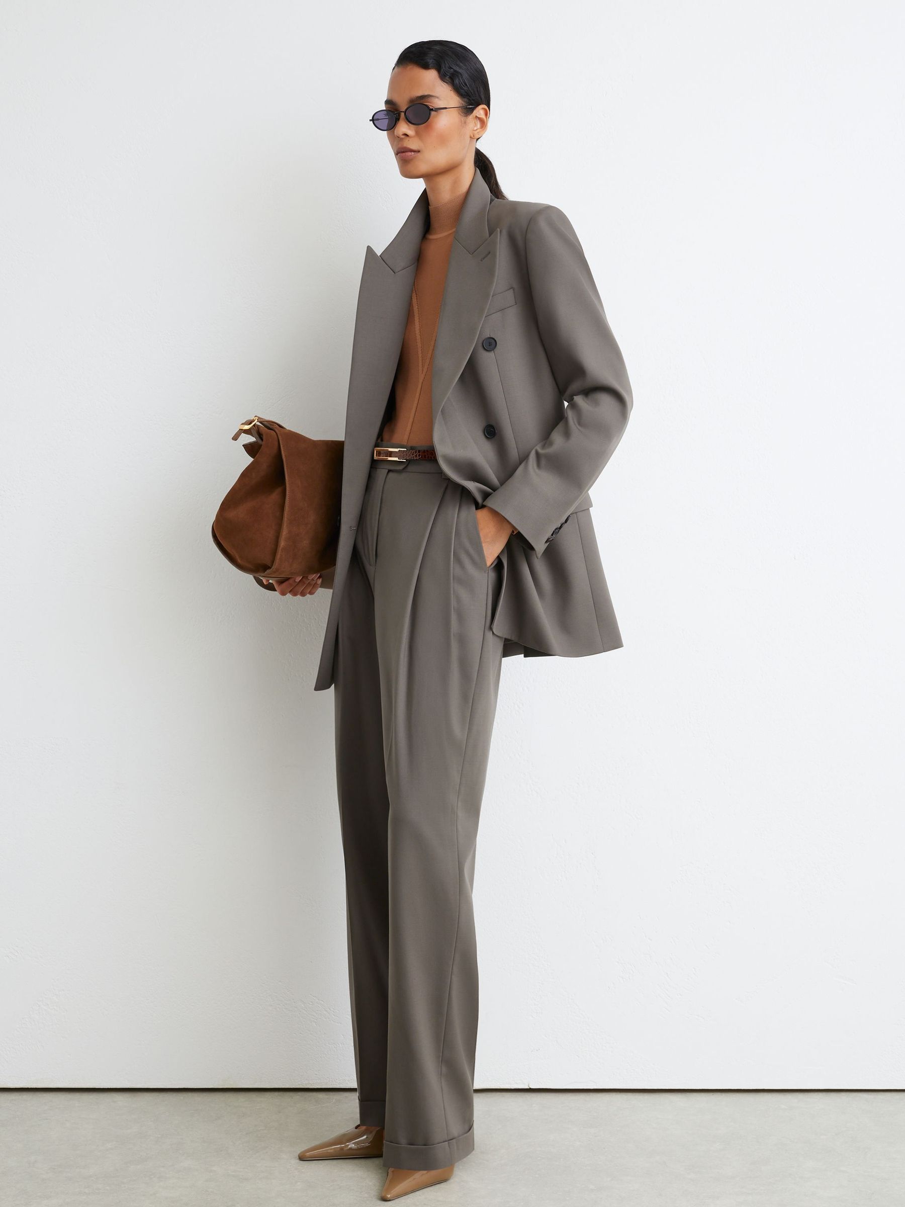 Sage Green - Wool-blend Double-breasted Oversized Suit Blazer