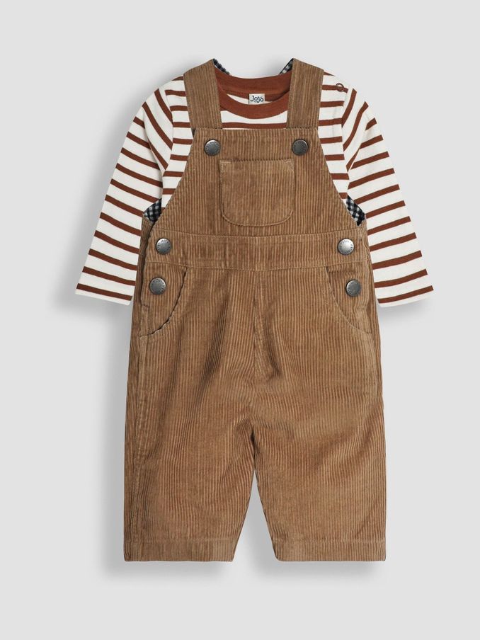 Stone 2-Piece Classic Cord Dungarees & Stripe Top Set (B92618) | £20