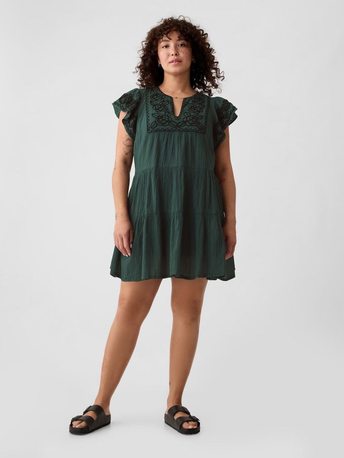 Green Crinkle Gauze Embroidered Mini Dress (B94557) | £30