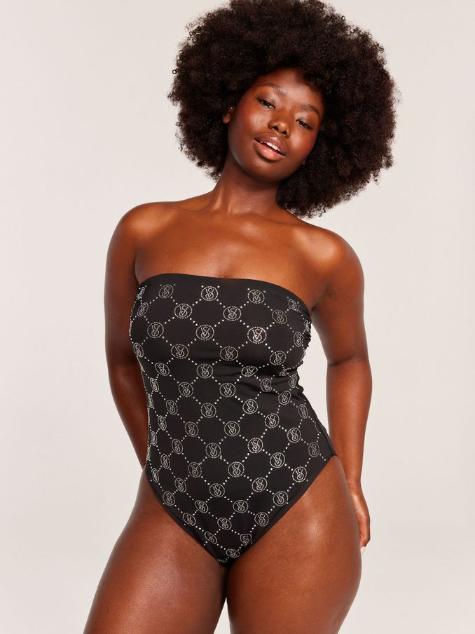 Black Diamanté Monogram Tummy Control Bandeau Swimsuit (B94680) | £32